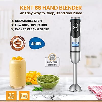 Kent Ss Hand Blender 450W | Variable Speed Control | Turbo Switch For Fast Blending | Detachable Shaft For Easy Cleaning | Hot & Cold Blending | Low Noise Dc Motor - Stainless Steel, 450 Watts, Silver