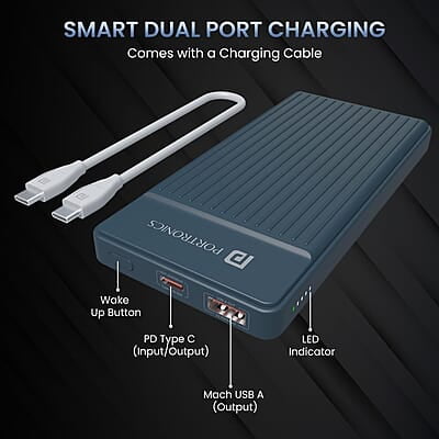 Portronics Luxcell B 10K 10000 mAh 22.5W Fast Charging Power Bank, Ultra Slim Power Bank with Mach USB-A Output, Type C PD Output