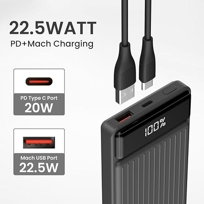Portronics Luxcell B 10K 10000 mAh 22.5W Fast Charging Power Bank, Ultra Slim Power Bank with Mach USB-A Output, Type C PD Output, Type C Input, Wake Up Button Portronics Luxcell B 10K 10000 mAh 22.5W Fast Charging Power Bank, Ultra Slim Power Bank with Mach USB-A Output, Type C PD Output, Type C Input, Wake Up Button