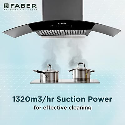 Faber 90 cm 1320 m³/hr Curved Glass Kitchen Chimney 3 Layer Baffle Filter Gravity Suction