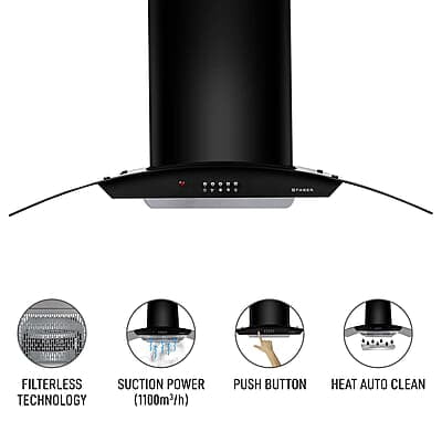 Faber 90 cm 1100 m³/hr Auto-Clean curved glass Kitchen Chimney (HOOD ACE PRO HC PB BK 90, Filterless technology