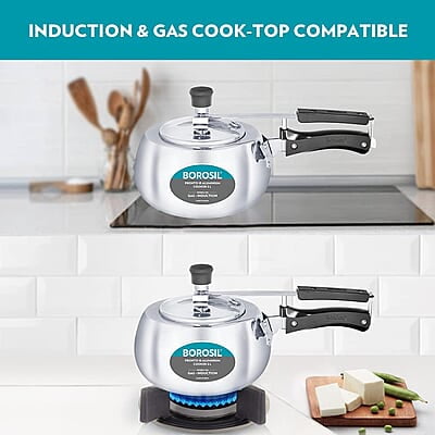 Borosil Pronto Induction Base Inner Lid Aluminium Pressure Cooker, 3.6 mm Thick Base, 2 L, Silver