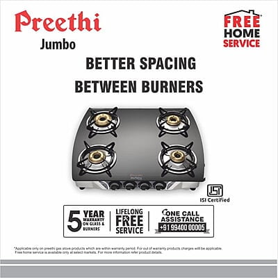 Preethi Blu Flame Jumbo Glass top 4 Burner Gas Stove, Manual Ignition,