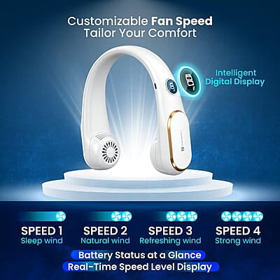Portronics Gobreeze Portable Rechargeable Neck Fan, Upto 6 Hours Playtime, LED Display, Bladeless Fan, 4 Speed Mode, Adjustable Size, 360° Cooling Neck Fan, Noiseless Fan, Type C Fast Charging