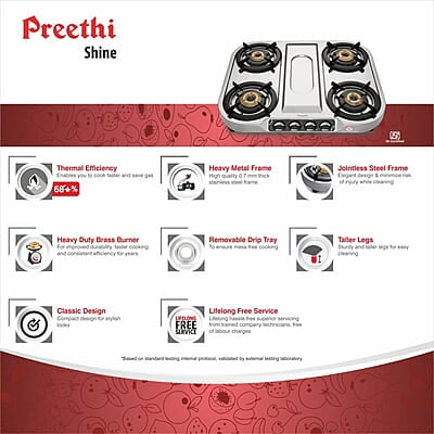 Preethi Shine Stainless Steel Gas Stove 4 Burners Manual Ignition ISI Certified