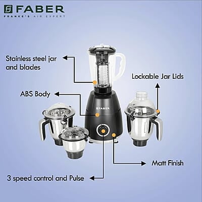 Faber Crown 800W Blender Mixer Grinder, 3 SS clip lock jars + 1 PC jar  copper motor, up to 20000 rpm speed