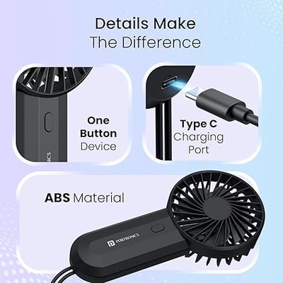 Portronics DualBreeze Handheld Mini Portable Fan With Dual Fan Technology, Upto 4 Hours Playtime, 3 Speed, Low Noise, Rechargeable Fan Ideal for Indoor,Outdoor,Home,Office,Kitchen,Makeup & Travel Use Portronics DualBreeze Handheld Mini Portable Fan With Dual Fan Technology, Upto 4 Hours Playtime, 3 Speed, Low Noise, Rechargeable Fan Ideal for Indoor,Outdoor,Home,Office,Kitchen,Makeup & Travel Use
