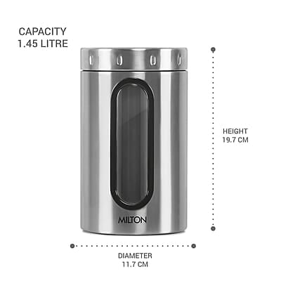 MILTON Steel Crispy 1500 Storage Jar, 1.45 Litres, Silver Light Weight Odour Proof Dishwasher Safe