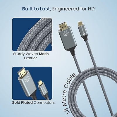 Portronics Konnect Vision C 4K 60Hz Type C to HDMI Cable with 1.8M Cord Length, Nylon Braided, Gold Plated Connectors for Laptop, Mobile, iPad Pro, MacBook, Chromebook, TV, Monitor(Grey) Portronics Konnect Vision C 4K 60Hz Type C to HDMI Cable with 1.8M Cord Length, Nylon Braided, Gold Plated Connectors for Laptop, Mobile, iPad Pro, MacBook, Chromebook, TV, Monitor(Grey)
