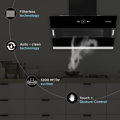 Faber 75 cm 1200 m3/hr Slant, Filterless Auto Clean Chimney talian Design (HOOD VERTIGO FL SC AC BK 75
