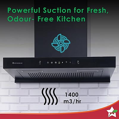 Wonderchef Ruby Sleek 90cm Chimney Powerful Suction of 1400m3/hr Auto Clean Function Oil Collector Low Noise