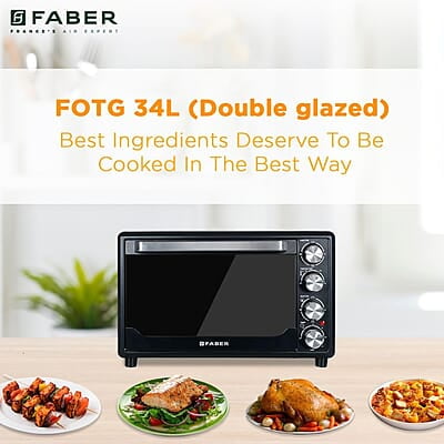Faber 34 liter (DG) 1600 Watts OTG Bake, Toast, Roast, Grill 6 Functions, Upper & Lower Heating, Rotisserie, 360 Convection Faber 34 liter (DG) 1600 Watts OTG Bake, Toast, Roast, Grill 6 Functions, Upper & Lower Heating, Rotisserie, 360 Convection
