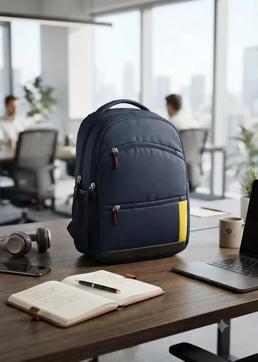 Navy Blue Backpack with Multiple Compartments and Yellow Accent Multiple Zip Pockets, Side Pocket, Padded Straps, School & Travel Use, Durable Nylon Build