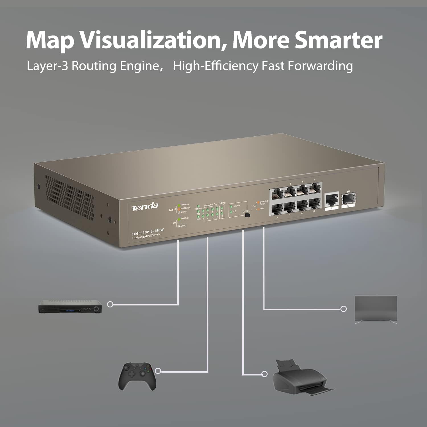 Tenda TEG5310P Layer-3 Gigabit Managed PoE Switch – 10 Ports, 8 PoE+ Ports, 150W Power, Smart Features Tenda TEG5310P Layer-3 Gigabit Managed PoE Switch – 10 Ports, 8 PoE+ Ports, 150W Power, Smart Features