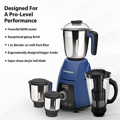 Crompton DuroElite Plus 800 W Mixer Grinder with 4 Jars (3 Stainless Steel Jars+ 1.5L Juicer Jar with Fruit Filter)