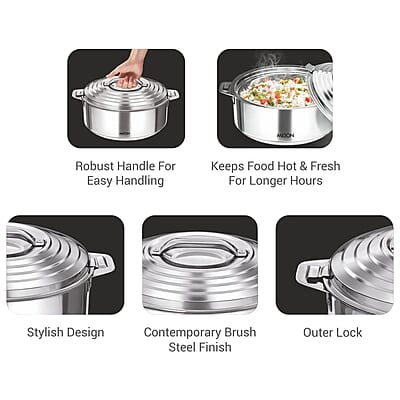 MILTON Galaxia Double Walled Stainless Steel Casserole, Set of 3, (1.2 Litre, 2.09 Litre, 2.45 Litre), Silver MILTON Galaxia Double Walled Stainless Steel Casserole, Set of 3, (1.2 Litre, 2.09 Litre, 2.45 Litre), Silver