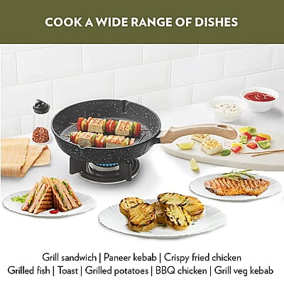Borosil Vajra Die-Cast Non-Stick Aluminium Round Grill Fry Pan, Frying Pan with Ridges, Black with Wood-Finish Handles, 240 mm Wide, 5 mm Thick