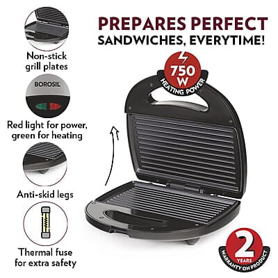 Borosil Neo Grill 2.0, 750 Watt, Bread Sandwich Maker, Makes 2 Sandwiches, Non-stick Grill plates opens 105°, For Snacks and Breakfast