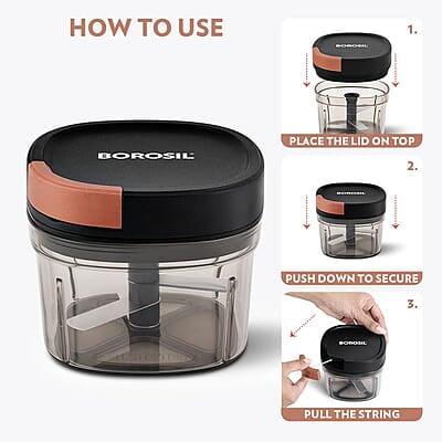 Borosil Chopper with 3 Blades, Pull Chopper with Durable String, Mini Chopper for Kitchen, For Chopping Vegetables, Leafy Greens & Herbs, BPA-free, Unbreakable 600 ml Chopping Bowl