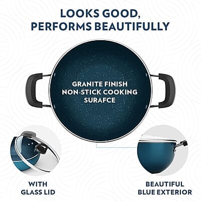 Borosil ProChef Non-Stick Aluminum Kadhai with Lid 22 cm | Gas Stove Compatible, Thick Uniform Body for Even Heating, Dishwasher Safe | 5 Layer Nonstick Coating, PFOA Free | 1 Year Warranty | Blue