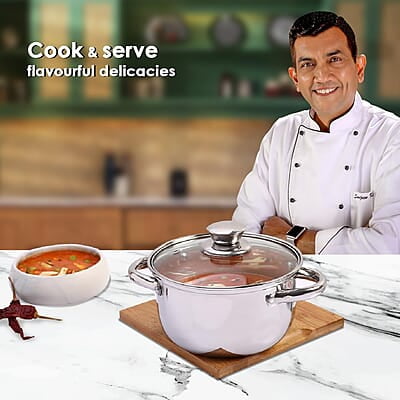 Wonderchef Nigella Stainless Steel Casserole with Lid Curved Body Glass Lid with Steam Vent 16cm Wonderchef Nigella Stainless Steel Casserole with Lid Curved Body Glass Lid with Steam Vent 16cm