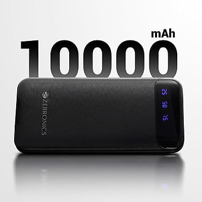 ZEBRONICS MB10000S4 Power Bank, 10000 mAh, 12W, Dual USB Output, Type C & Micro USB Input, Built in Protections, Percentage LED Display, Included USB to Type C Cable