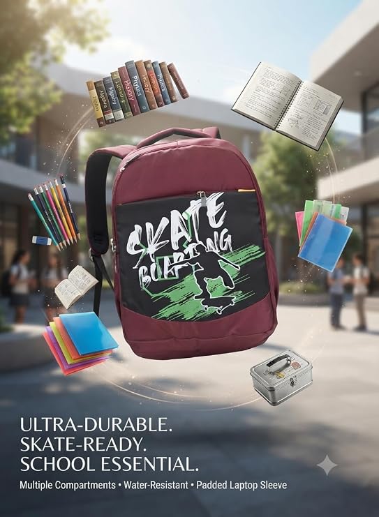 Skateboarding Graphic Backpack, Maroon and Black