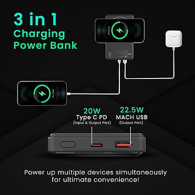 Portronics Luxcell Wireless Mini 10k 10000mAh 15W Magnetic Wireless Fast Charging Smallest Power Bank with 22.5 Wired Output