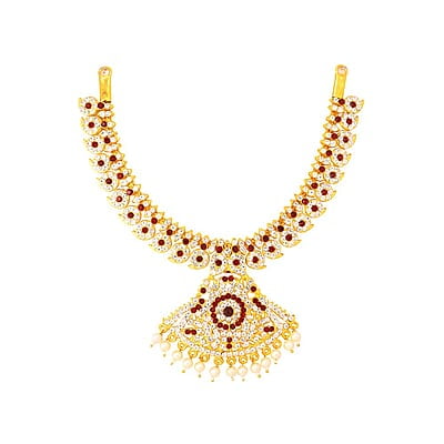 Red & White Stone Gold Plated Necklace/Attigai