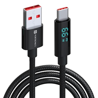 Portronics Konnect View 66W Type C Cable with LED Display 6.5A Output, Nylon Braided, Fast Data Sync, 1.2M Length, Tangle Resistant(Black) Portronics Konnect View 66W Type C Cable with LED Display 6.5A Output, Nylon Braided, Fast Data Sync, 1.2M Length, Tangle Resistant(Black)