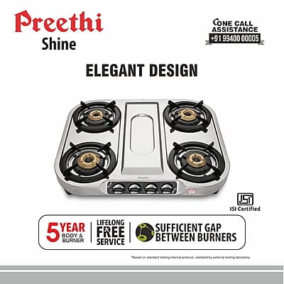 Preethi Shine Stainless Steel Gas Stove 4 Burners Manual Ignition ISI Certified