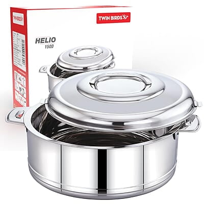 TWIN BIRDS Helio Stainless Steel Casserole for Roti | Steel Tiffin Box | Insulated Casserole 1500ml | Hotpot | Stainless Steel Serving Dish| Double Walled Stainless Steel Casserole | Hot & Cold