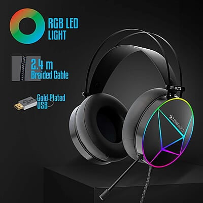 ZEBRONICS Zeb-Blitz USB Gaming Wired On Ear Headphones with Mic with Dolby Atmos, RGB Led, Windows Software, Simulated 7.1 Surround Sound, 2.4 Meter Braided Cable Flexible Padded Ear Cushions