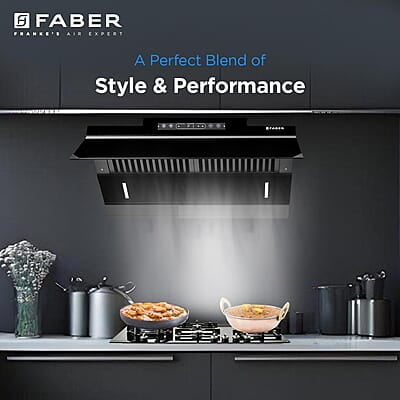 Faber 90cm 1500m³/hr Autoclean Kitchen Chimney Digital Display Filterless Slant Body T-Shape Panel Touch+Gesture