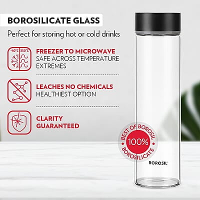Borosil Neo Glass Water Bottle with Black Stainless Steel Lid | 550ml, Borosilicate Glass, Extreme Temperature Resistant, For Hot & Cold | Bottle for Water, Milk, Lassi, Juice | Transparent (2 pc Set)