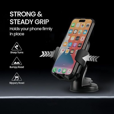 Portronics Clamp M4 Car Phone Holder Stand with 360 Degree Rotation, Strong Grip, Suction Cup Mount, Single Hand Use, Shockproof Build, Mobile Stand for Car (Black) Portronics Clamp M4 Car Phone Holder Stand with 360 Degree Rotation, Strong Grip, Suction Cup Mount, Single Hand Use, Shockproof Build, Mobile Stand for Car (Black)