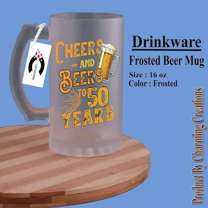 Sublimation Printed Froster Beer Mug With Charming Creations Cheers and Beers to 50 Years Quote Printed Frosted Beer Mug Sublimation Printed Froster Beer Mug With Charming Creations Cheers and Beers to 50 Years Quote Printed Frosted Beer Mug