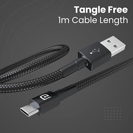 Portronics Konnect B Type C Cable with 3.0A Output, Nylon Braided, Fast Data Sync, Tangle Resistant, 1M Length(Black) Portronics Konnect B Type C Cable with 3.0A Output, Nylon Braided, Fast Data Sync, Tangle Resistant, 1M Length(Black)