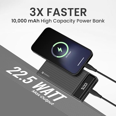 Portronics Luxcell B 10K 10000 mAh 22.5W Fast Charging Power Bank, Ultra Slim Power Bank with Mach USB-A Output, Type C PD Output, Type C Input, Wake Up Button Portronics Luxcell B 10K 10000 mAh 22.5W Fast Charging Power Bank, Ultra Slim Power Bank with Mach USB-A Output, Type C PD Output, Type C Input, Wake Up Button