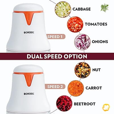 Borosil Chef Delite 260W Electric Glass Chopper For Kitchen Use | White Chopper | Low Noise Operation | Kitchen Accessories Items | Stainless Steel Blades, Whisking Blade for Cream, Chaas, Lassi