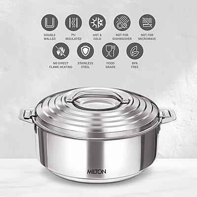 MILTON Galaxia Double Walled Stainless Steel Casserole, Set of 3, (1.2 Litre, 2.09 Litre, 2.45 Litre), Silver MILTON Galaxia Double Walled Stainless Steel Casserole, Set of 3, (1.2 Litre, 2.09 Litre, 2.45 Litre), Silver