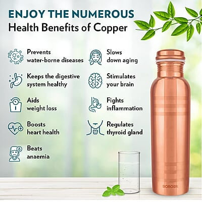 Borosil Chakra Copper Water Bottle, 100% Copper, Leak-proof, For Everyday Use, 1 L, Bronze