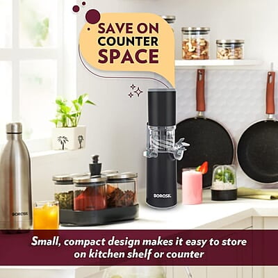 Borosil Easy Juice Cold Press Slow Juicer, Portable Slow Juicer, Compact Design, Less Oxidation, For Fresh Fruits & Vegetables, 130 W