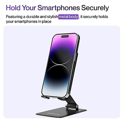 Ambrane Metallic Mobile Holder for All Smartphones, Tabs, Kindle, iPad Mobile Holding Tabletop Stand, 180 Perfect View, Height Adjustment, Foldable Design Twistand Pro