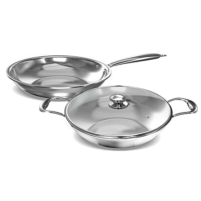 Preethi Metallica Collection Triply Stainless Steel set, 26 cm Kadai with Glass Lid, 26 cm Fry Pan, Gas & Induction Compatible