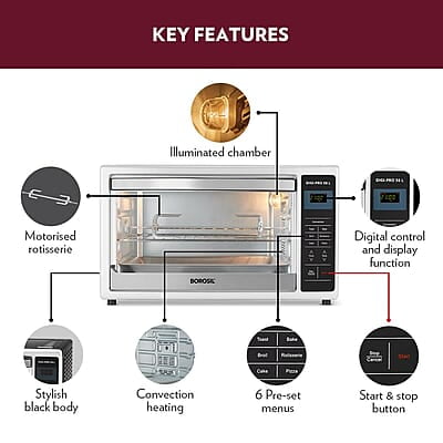 Borosil DigiPro 38 L Digital Oven Toaster & Grill, Convection Mode, 6 Pre-set Menus, Temperature Control, Chrome