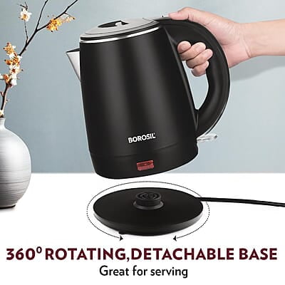 Borosil 1.2L 1350W Cooltouch Multipurpose Electric Kettle | Auto Shut off | Wide Mouth | 304 Food Grade Stainless Steel with Double Wall Cooltouch Exterior | 2 year Warranty | Black