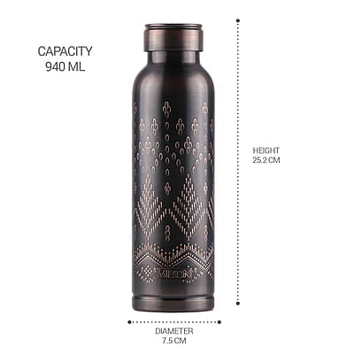 MILTON Copper Swasth Water Bottle, 940 ml, Black Ethnic Lacquer Coating, Curved bottle