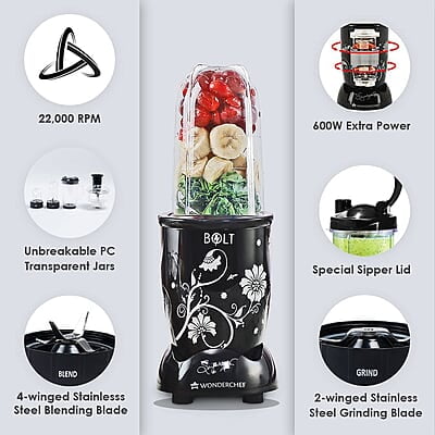 Wonderchef Nutri-blend BOLT Food Processor & Atta Kneader 600W  22000 RPM 4 unbreakable jars Black