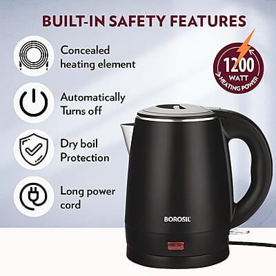 Borosil 1.2L 1350W Cooltouch Multipurpose Electric Kettle | Auto Shut off | Wide Mouth | 304 Food Grade Stainless Steel with Double Wall Cooltouch Exterior | 2 year Warranty | Black
